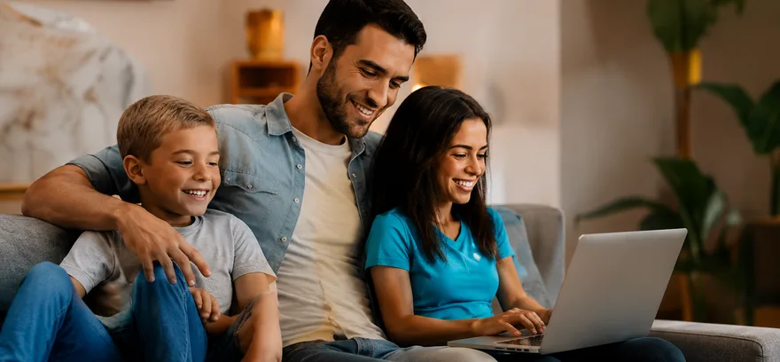 Família no sofá da sala usando um notebook juntos