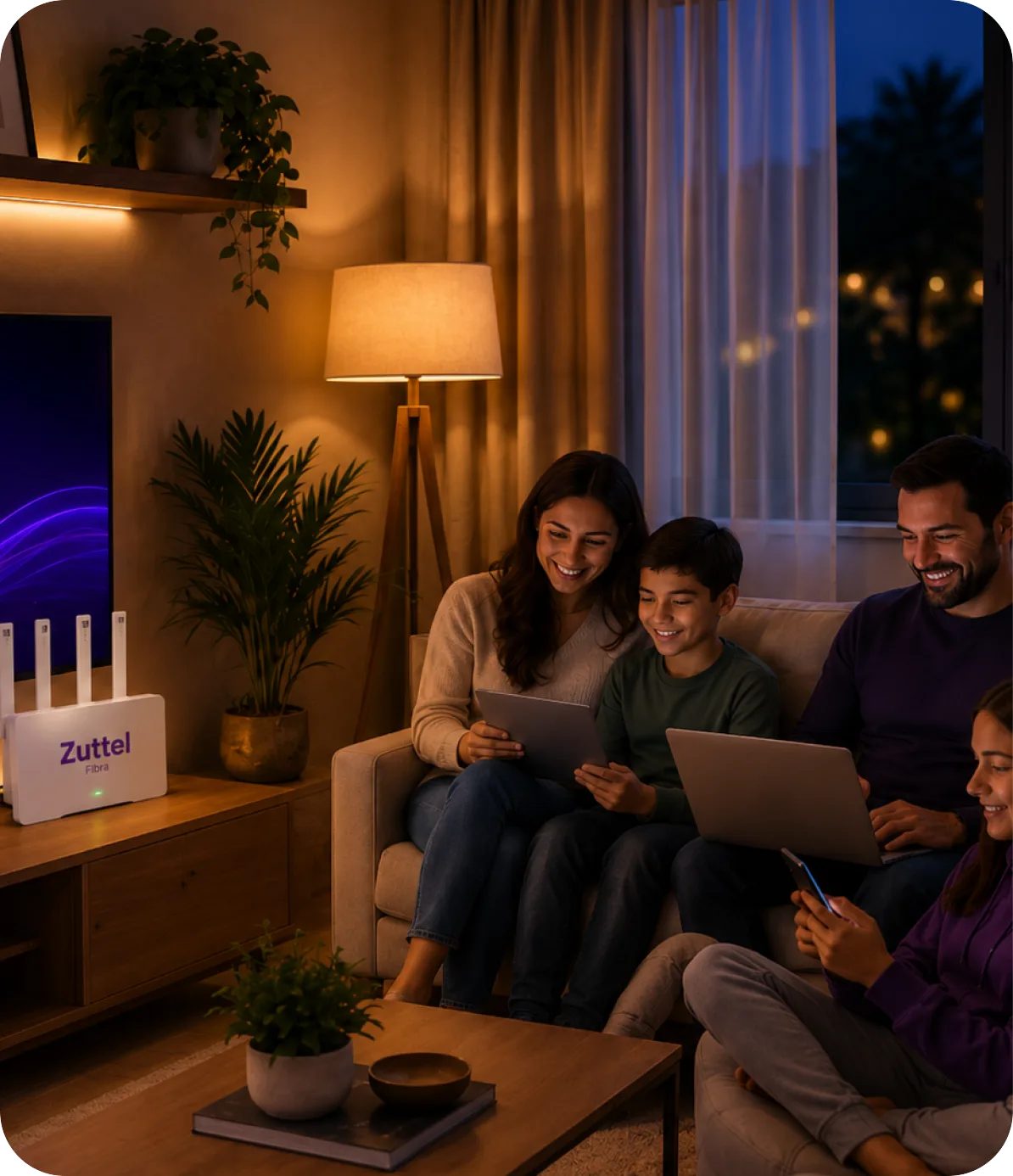 Família reunida no sofá usando tablet, notebook e celular ao mesmo tempo
