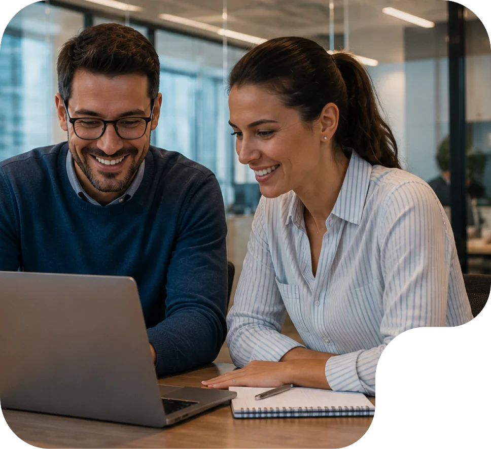 Dois profissionais sorrindo em frente a um notebook no escritório