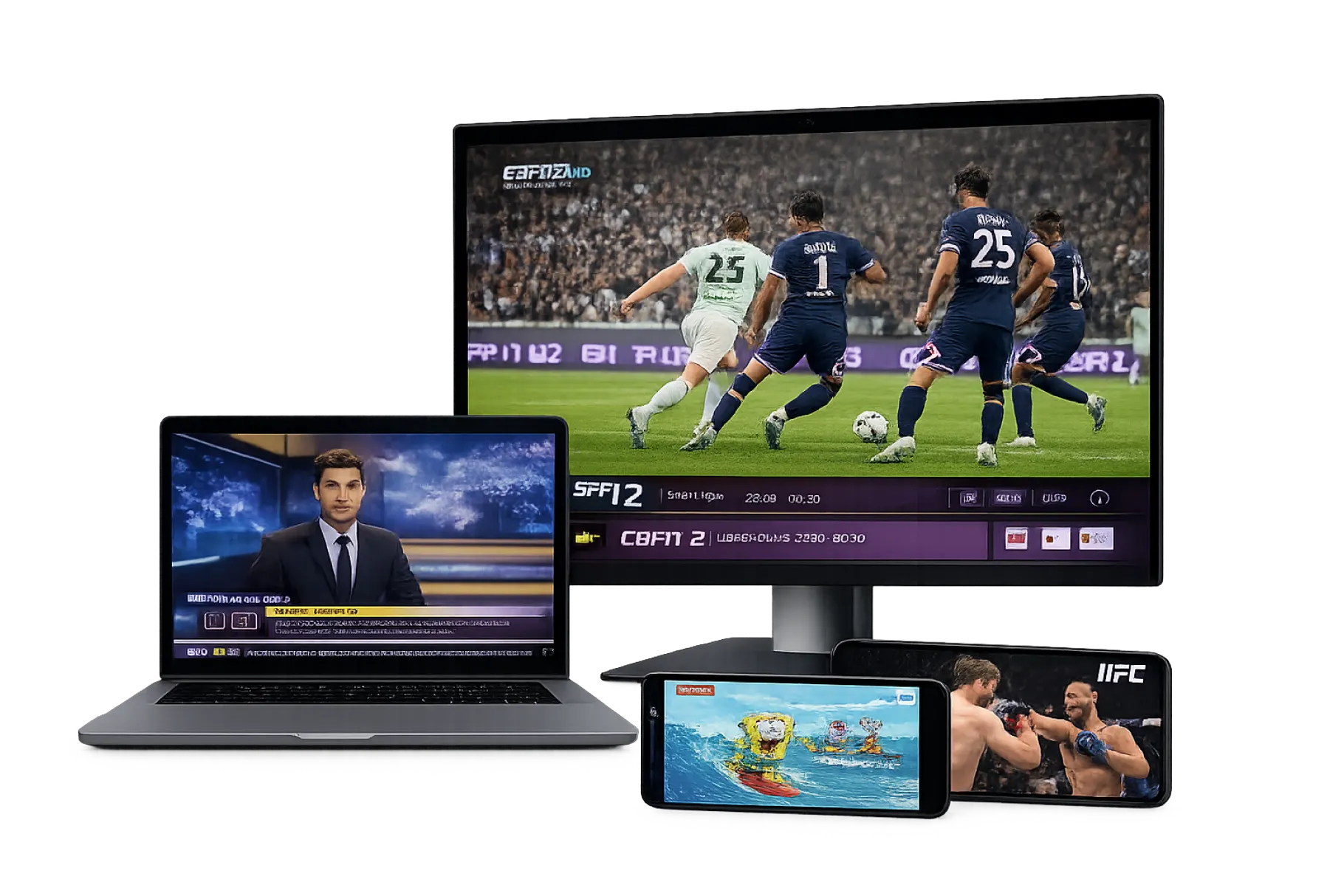 Televisão, notebook, tablet e celular exibindo canais da Zuttel TV ao mesmo tempo
