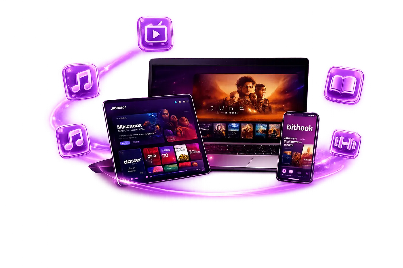 Notebook, tablet e celular exibindo os aplicativos inclusos no plano