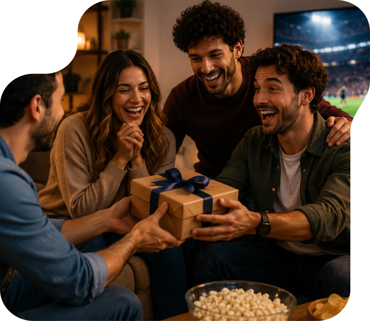 Amigos reunidos na sala trocando um presente