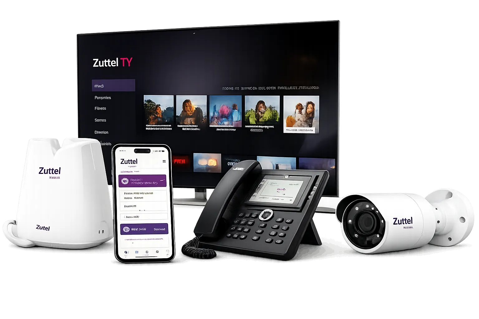 Televisão, roteador mesh, celular, telefone fixo e câmera da Zuttel lado a lado