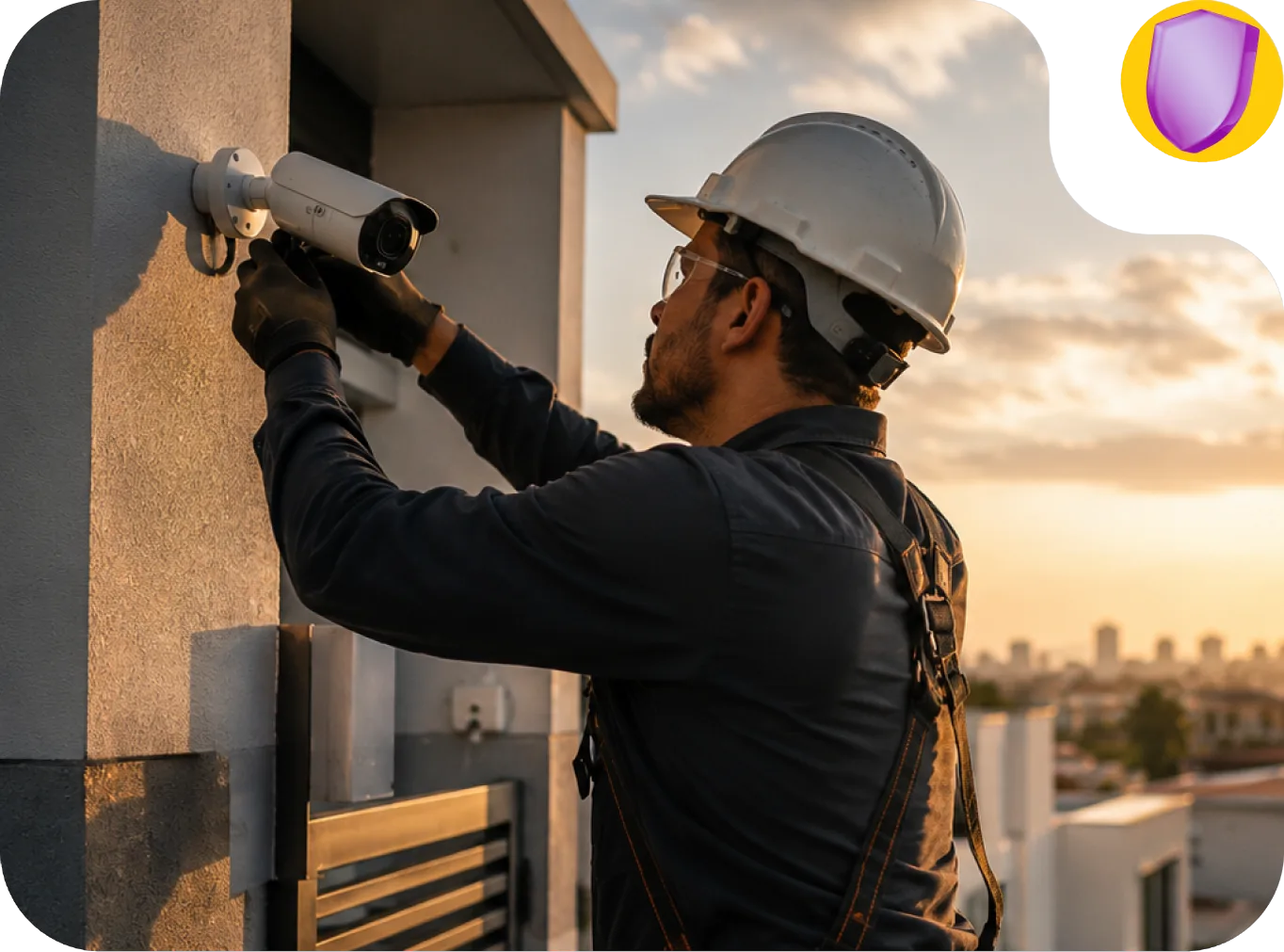 Técnico instalando uma câmera de segurança na fachada de um prédio