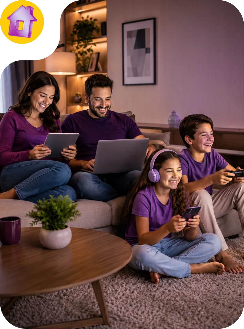 Família usando tablet, notebook e celular na sala
