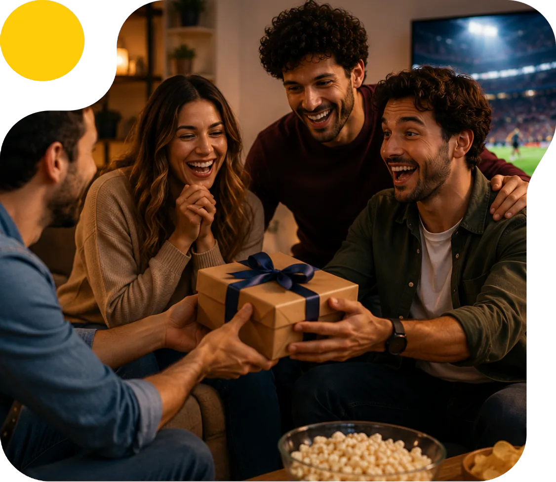 Amigos reunidos na sala trocando um presente