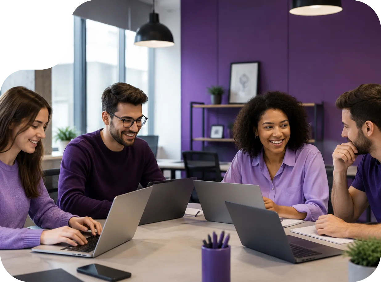 Equipe trabalhando com notebooks em uma sala de reunião