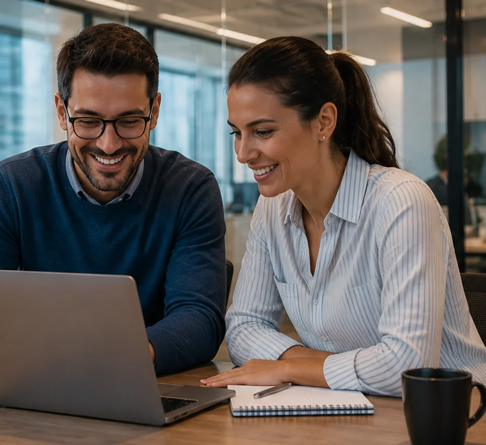 Casal sorrindo em frente ao notebook em um escritório