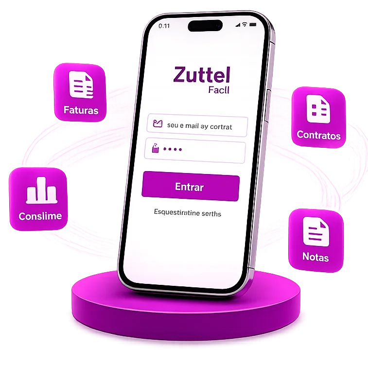 Celular exibindo a tela de login do App Zuttel, cercado pelos atalhos de faturas, contratos, consumo e notas