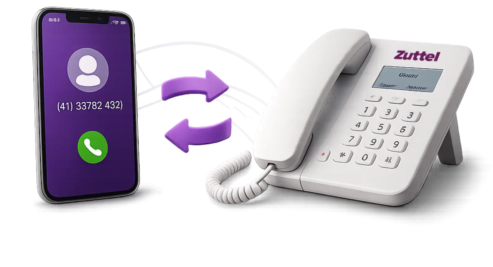 Celular e telefone fixo Zuttel lado a lado, com setas indicando a troca de número