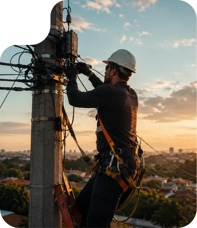 Técnico da Zuttel com capacete trabalhando no alto de um poste ao entardecer