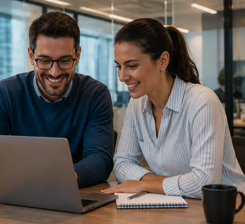 Casal olhando para o notebook em uma mesa de escritório
