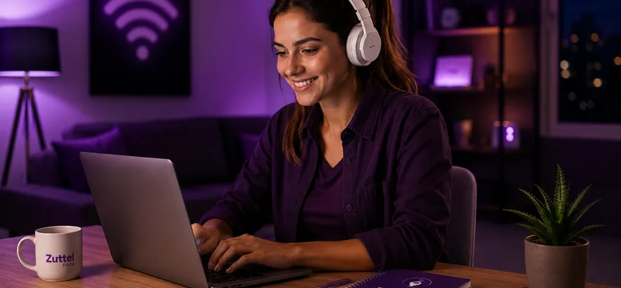 Mulher de fones de ouvido usando o notebook à noite