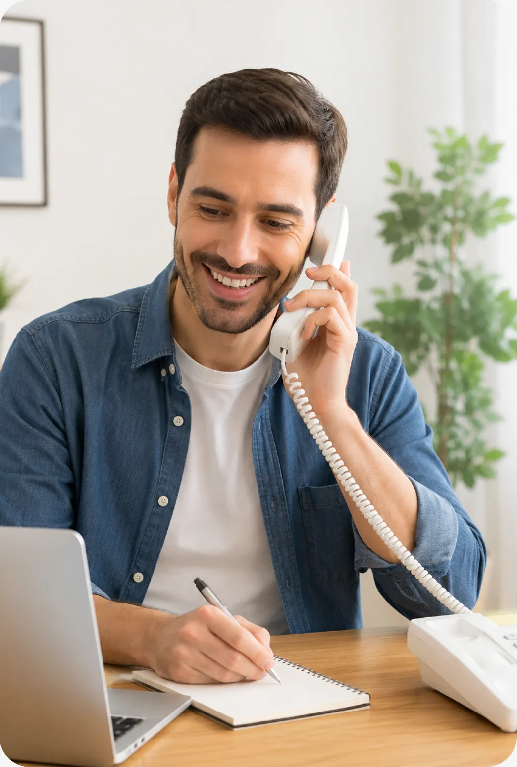 Homem sorrindo ao telefone fixo enquanto anota em um caderno
