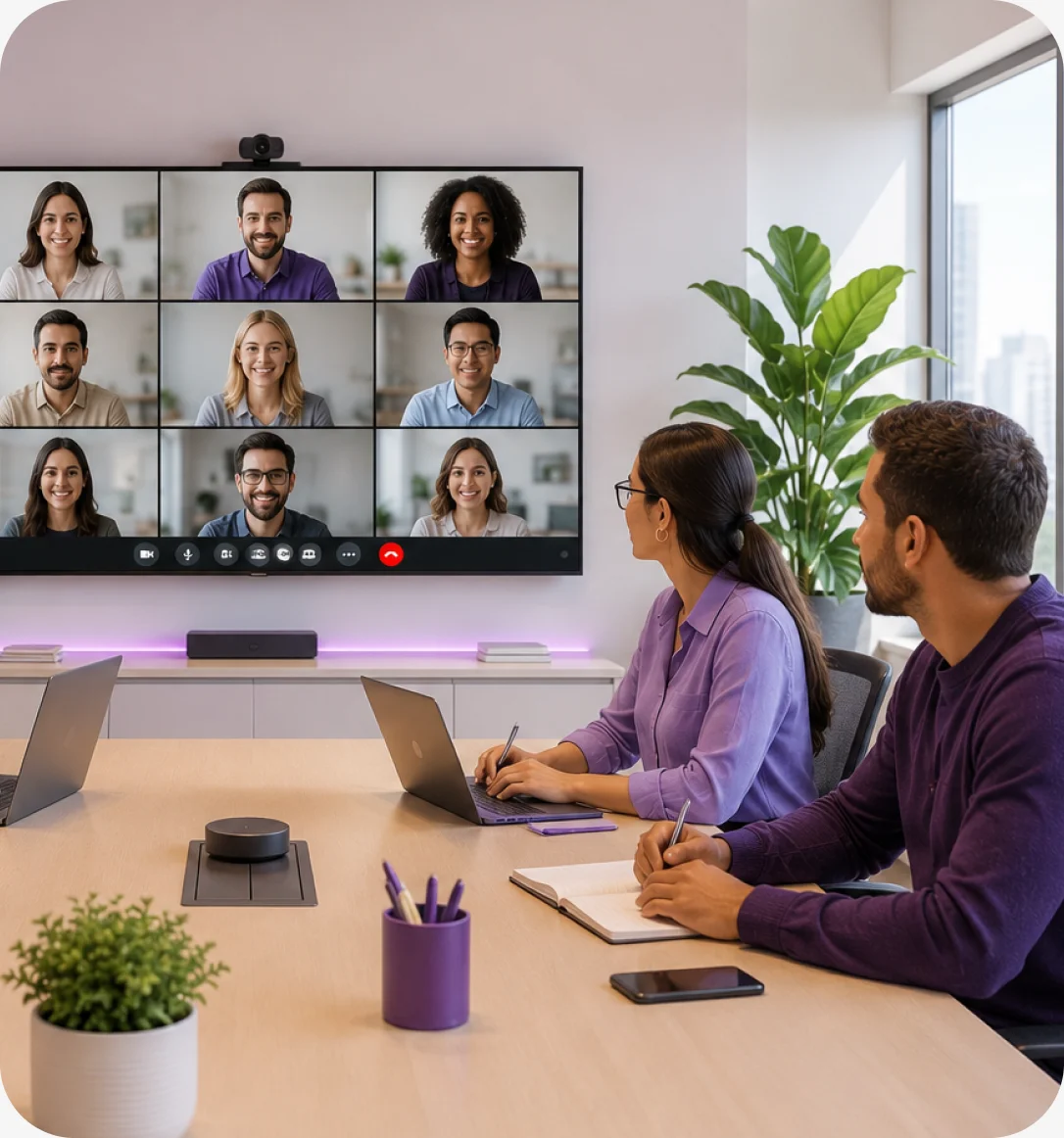 Equipe em uma sala de reunião acompanhando uma videochamada na TV