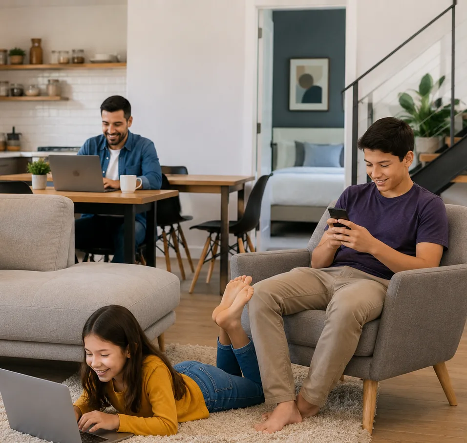 Família em casa usando notebook e celular em cômodos diferentes