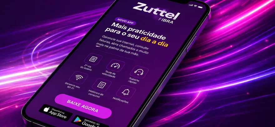 Celular exibindo a tela inicial do aplicativo da Zuttel